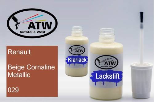 Renault, Beige Cornaline Metallic, 029: 20ml Lackstift + 20ml Klarlack - Set, von ATW Autoteile West.